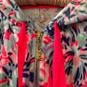 Lilly Pulitzer Neon Pink and Blue Patterned velour zip jacket